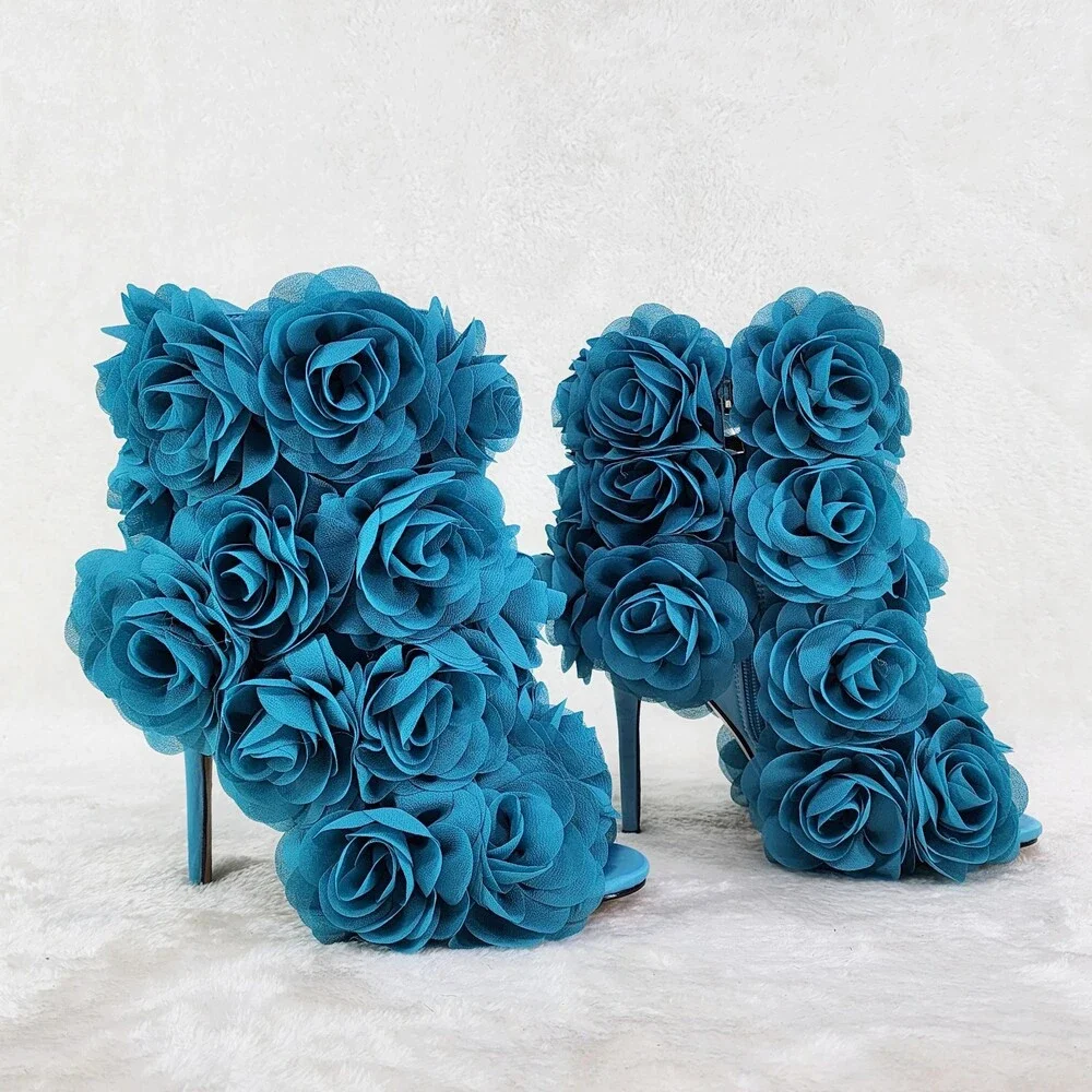 NIB Beauty 3D Flowers Floral High Heel Xoanna Elegant Ankle Boots Teal Blue - Picture 6 of 16
